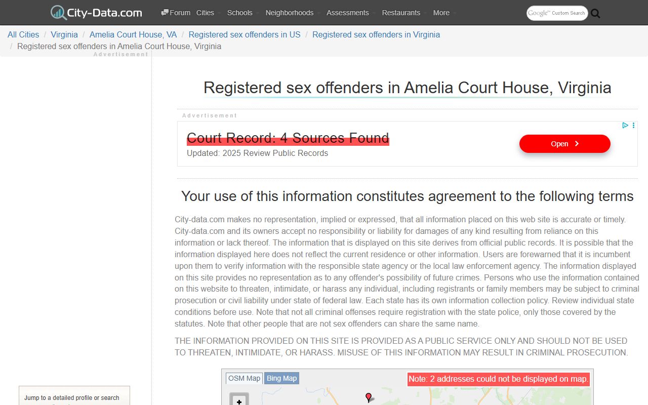 Amelia Court House sex offender data Amelia County
