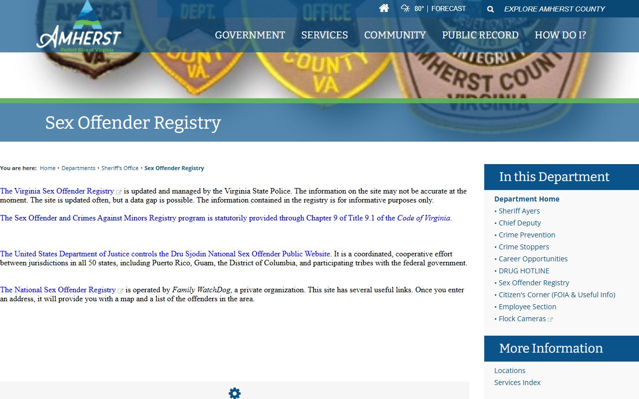 Amherst County Sheriff sex offender registry page