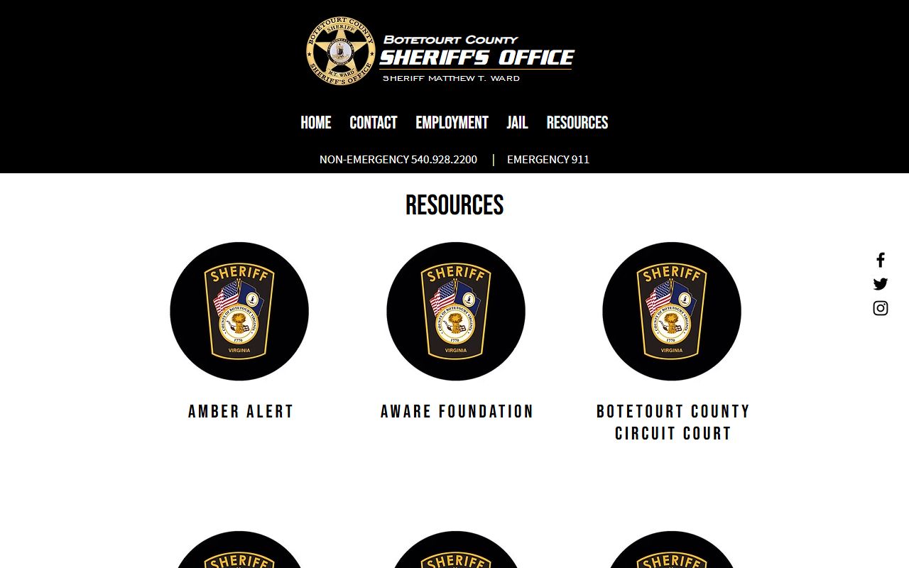 Botetourt County Sheriff resources page with sex offender registry link