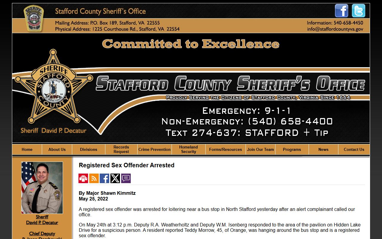 Stafford County Sheriff news and sex offender registry updates