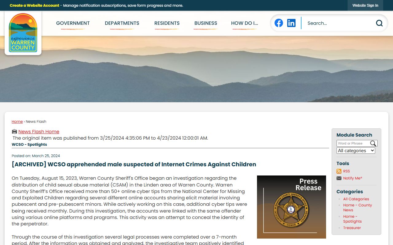 Warren County Sheriff's Office activity and sex offender registry enforcement