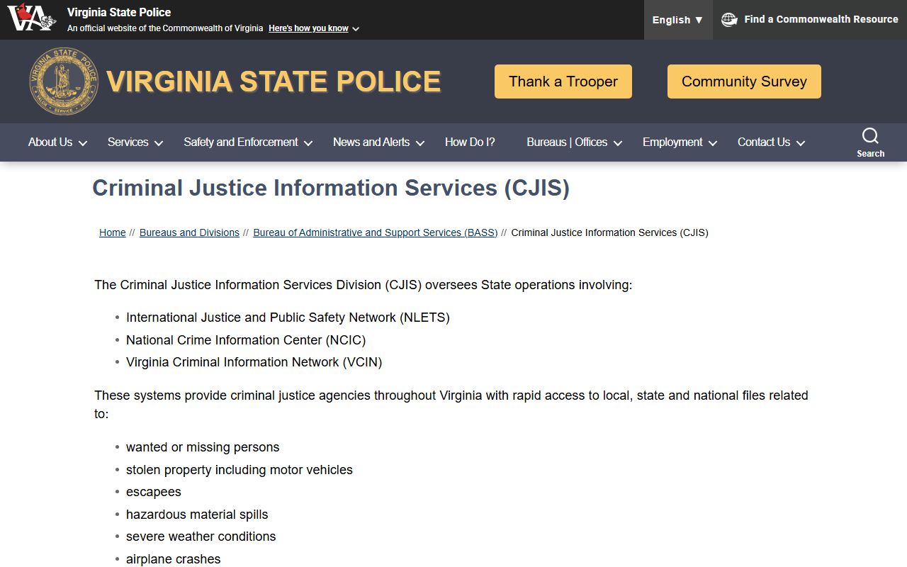 Virginia State Police Criminal Justice Information Services