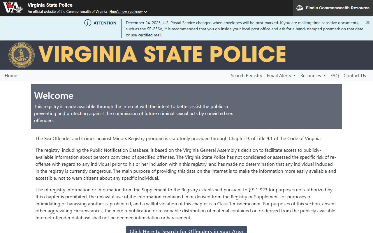 Virginia sex offender registry VSP SOR portal
